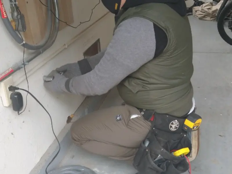 Electrician performing outlet wiring in a Wollochet garage